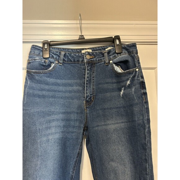 Wonderly Mid Rise Slim Flare Distressed Jeans Dark Blue Denim Size 16 Curvy Plus - Picture 2 of 9